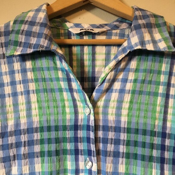 Vintage Alia Plaid Seersucker Green & Blue Picnic Button Down Shirt - Picture 3 of 16